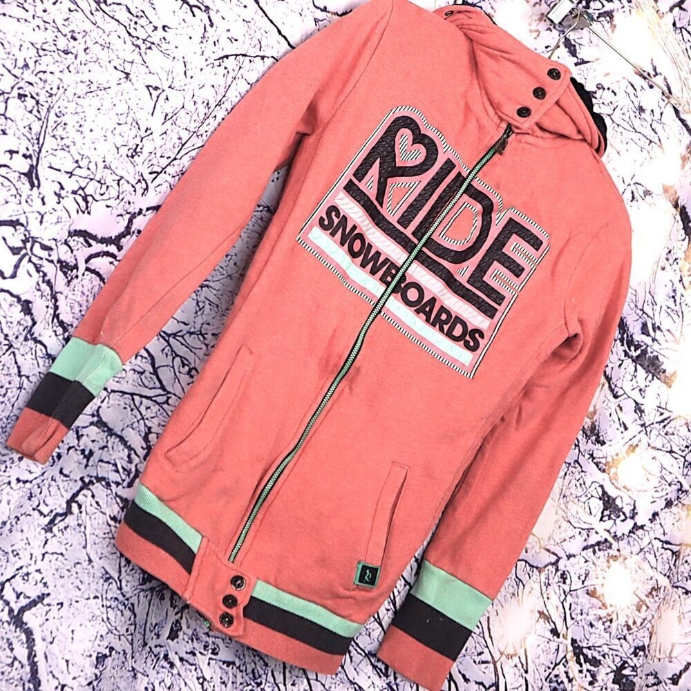 RIDE SNOWBOARDS JACKET M Fleece Coral Pink Green Black Sporty Athletic Fleece